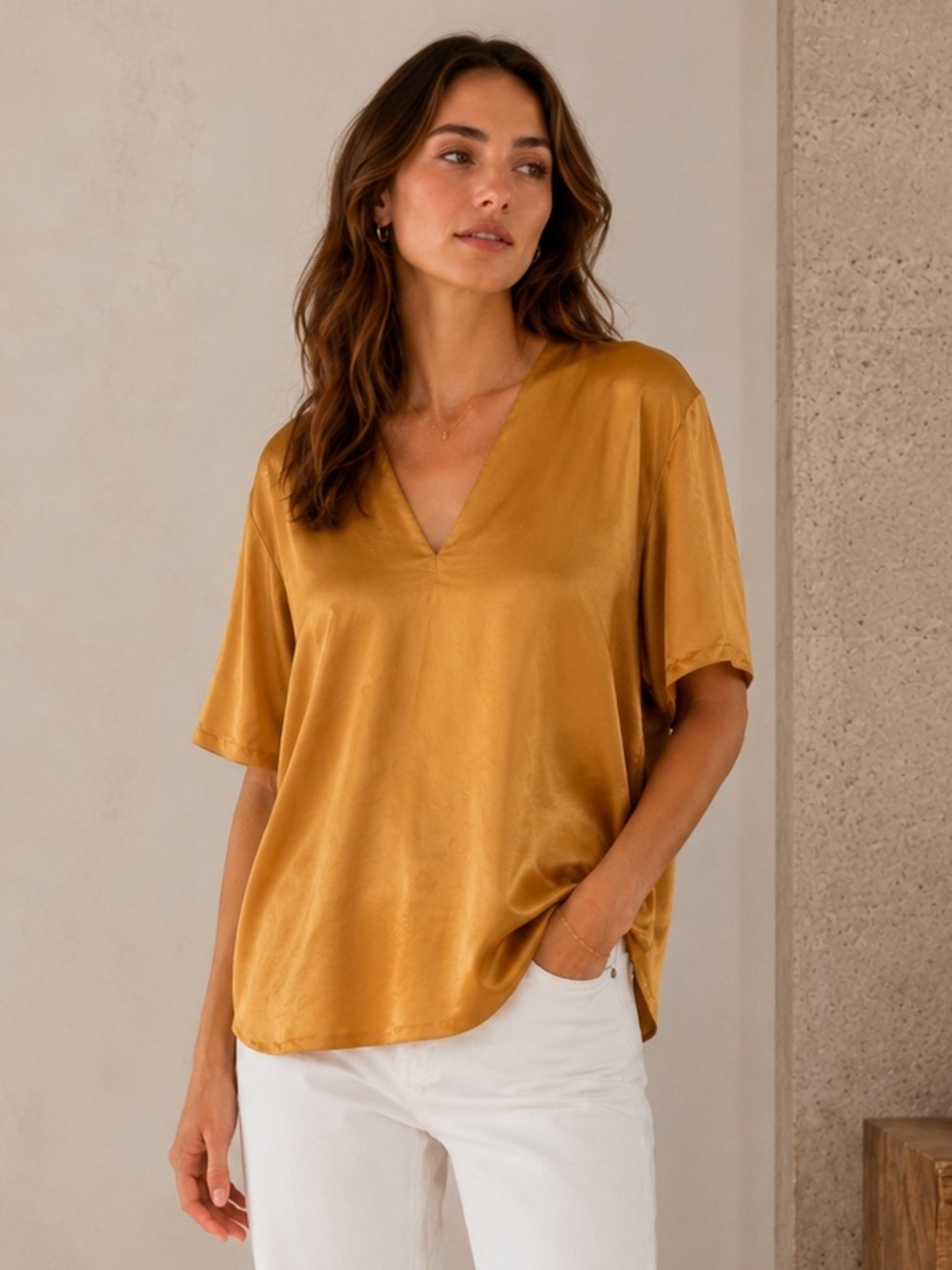 Vince 100% Silk Dolman V Neck Blouse Marigold Gold Medium